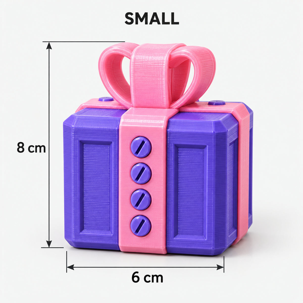 Small purple & pink prank gift box with screws and a bow, 6 x 8 cm