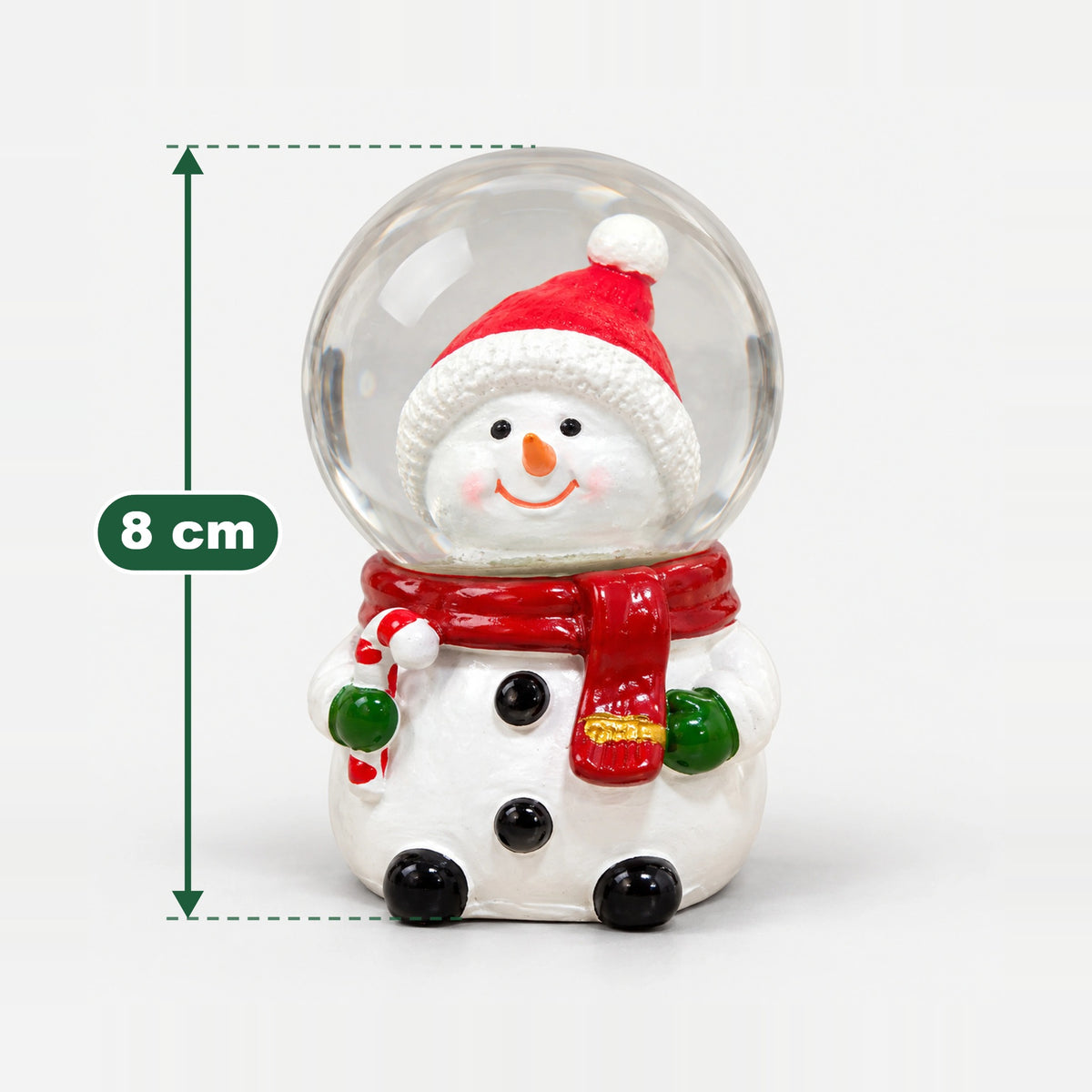 Snowman with candy cane Christmas snow globe measuring 8 cm high