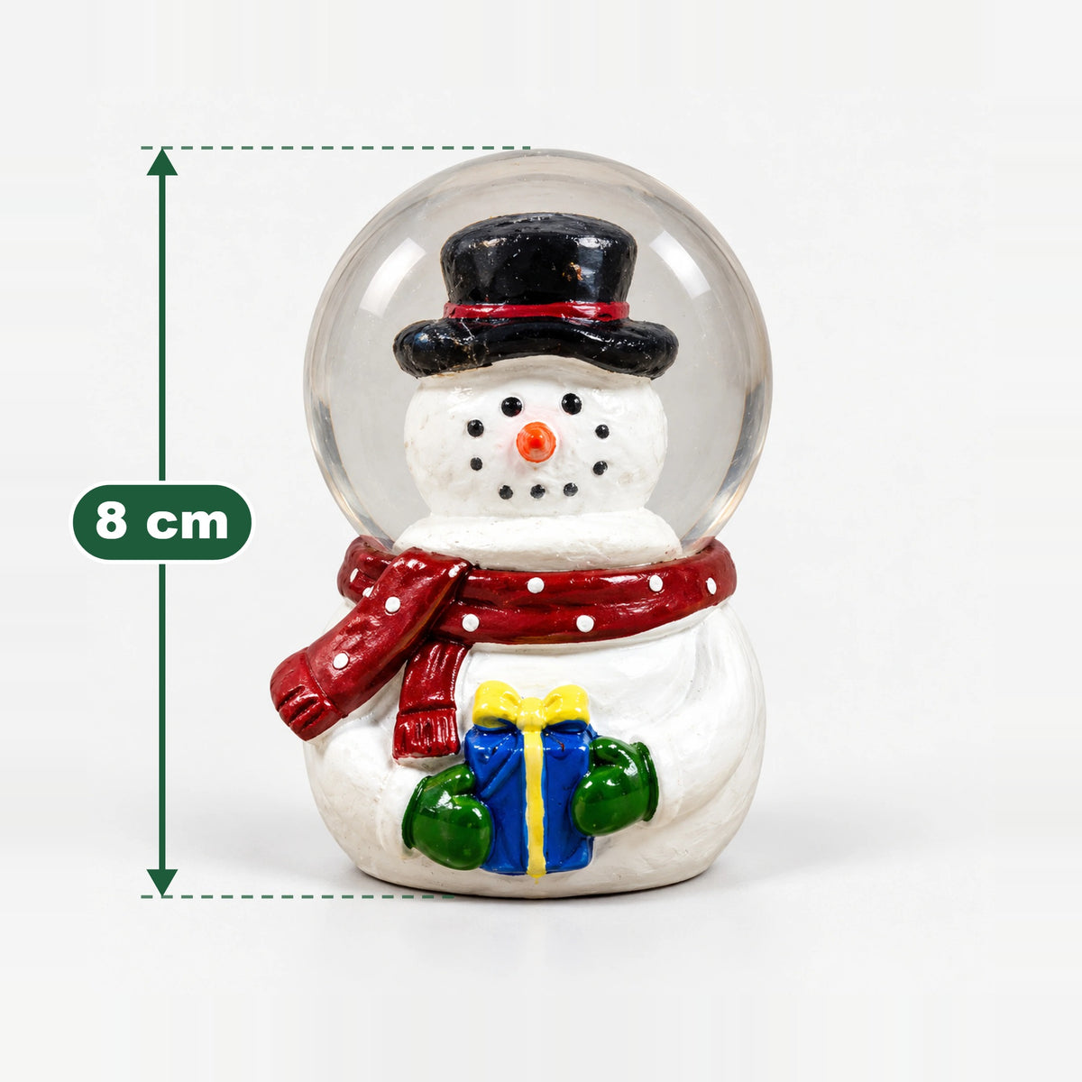 Snowman with gift Christmas snow globe measuring 8 cm high