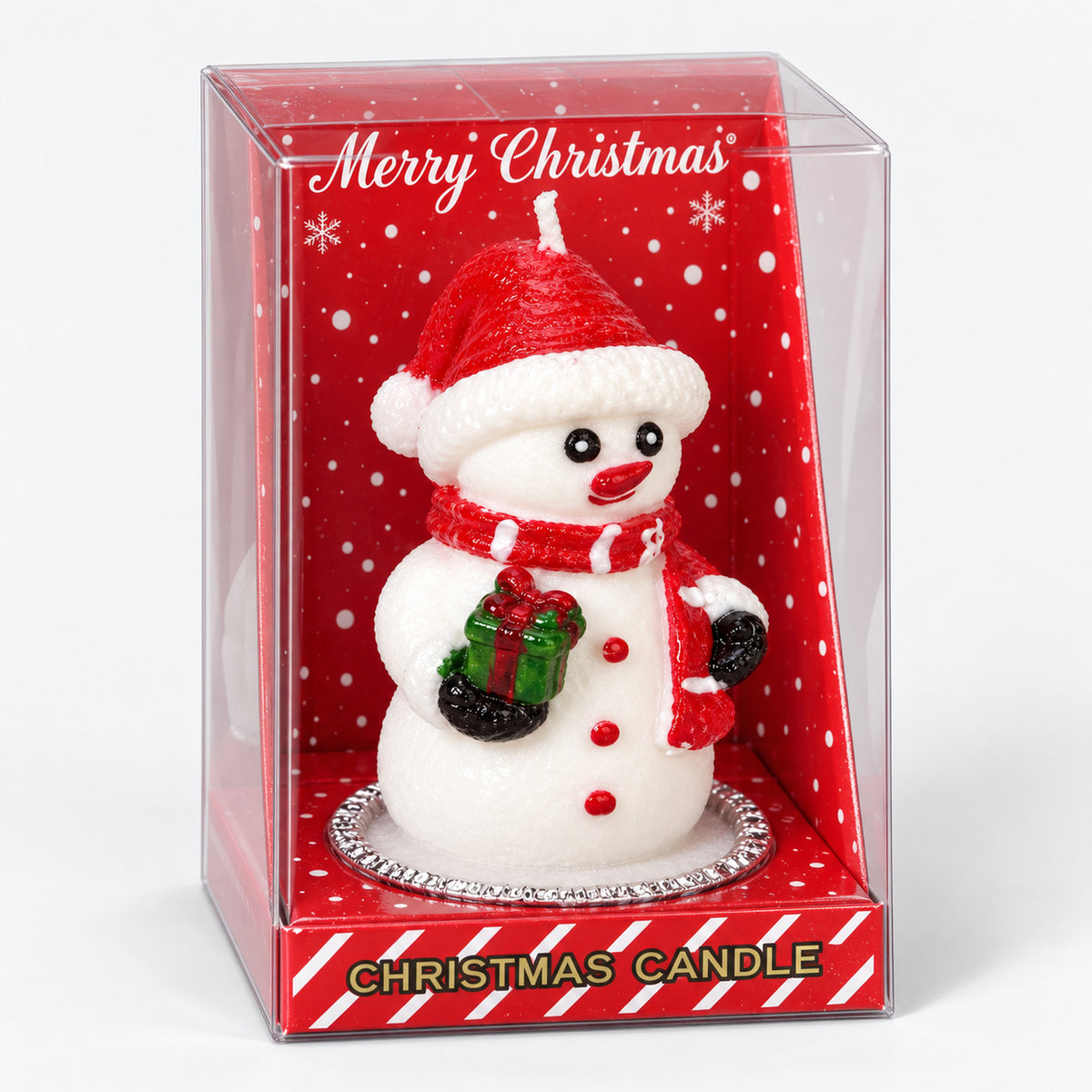 Snowman Christmas candle in a clear Merry Christmas gift box