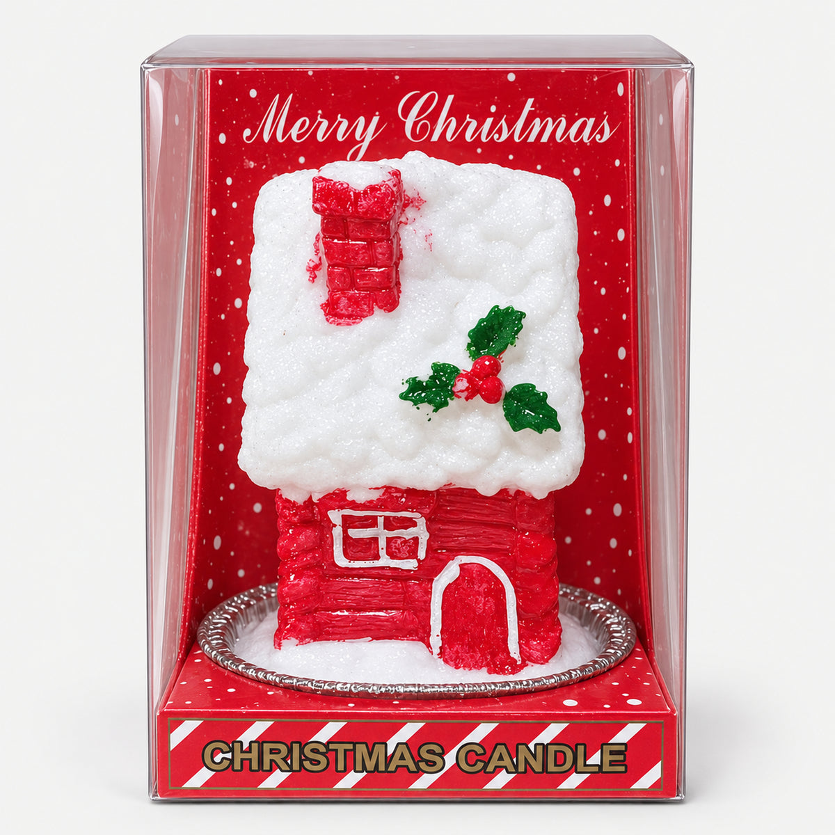 Red house Christmas candle in a clear Merry Christmas gift box