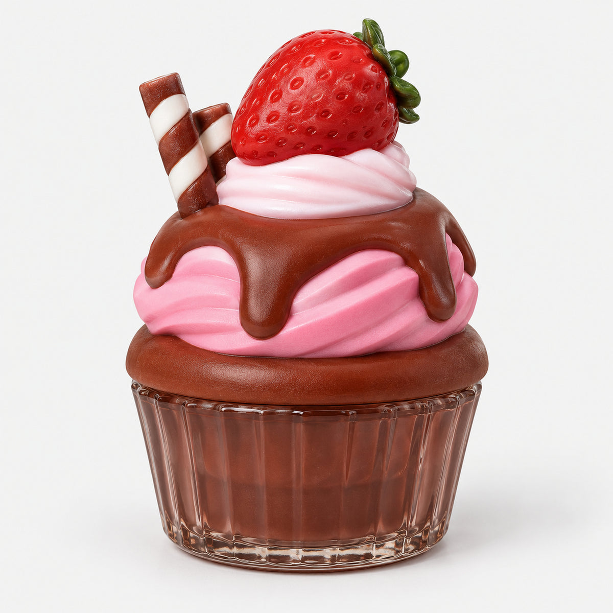 Strawberry chocolate cupcake perfume with a strawberry on top