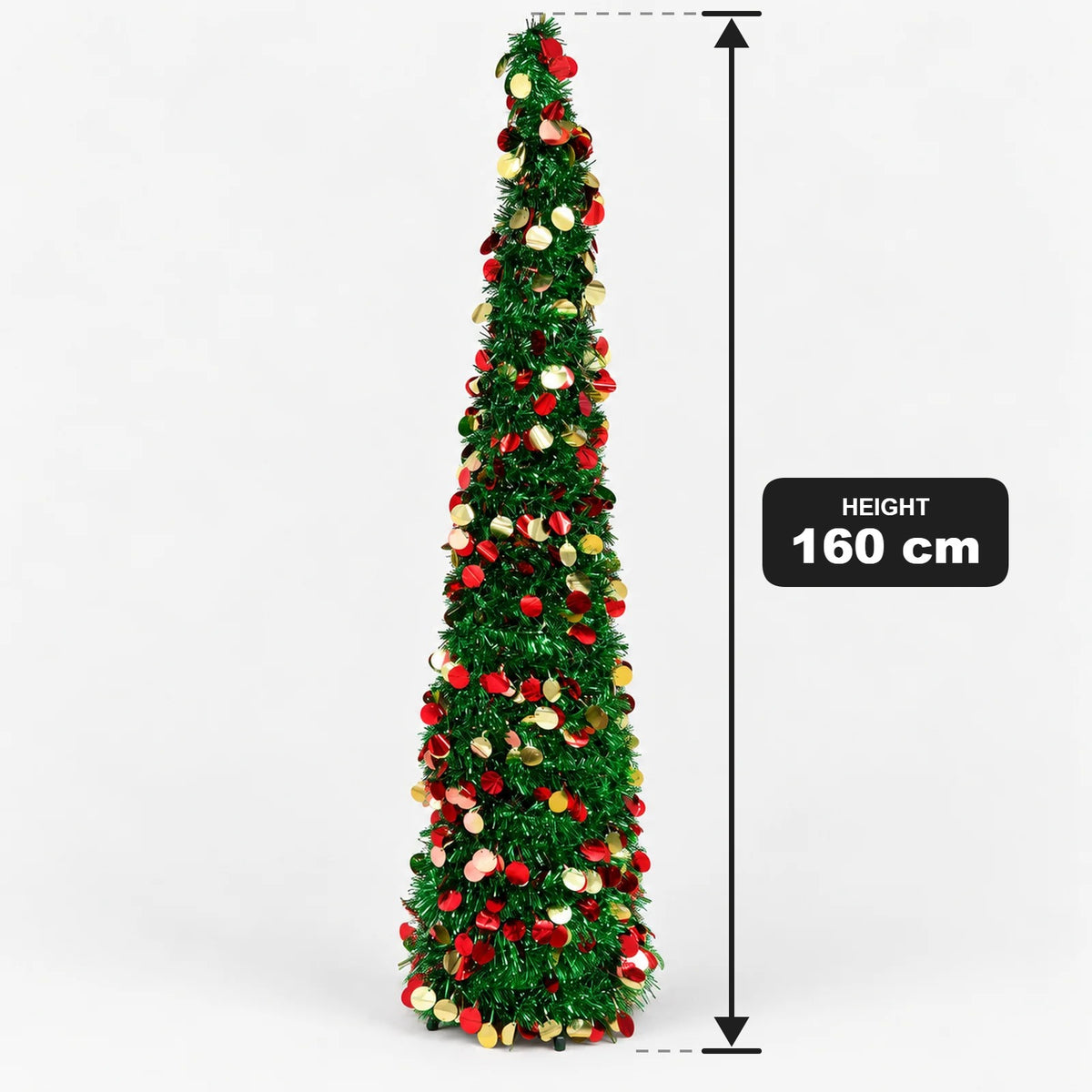 Green tinsel cone Christmas tree with a 160cm height measurement