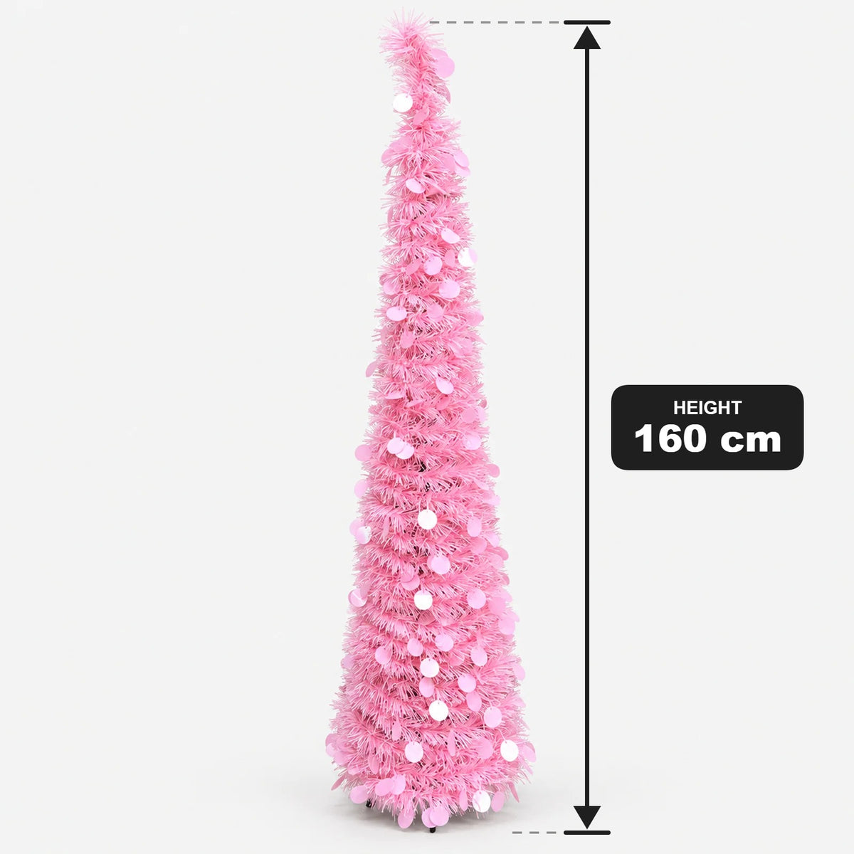 Pink tinsel cone Christmas tree with a 160cm height measurement