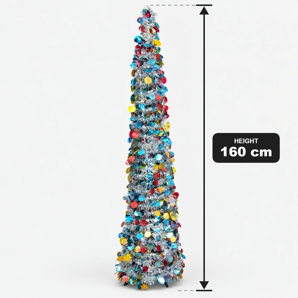 Silver tinsel cone Christmas tree with a 160cm height measurement