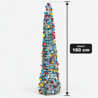 Silver tinsel cone Christmas tree with a 160cm height measurement