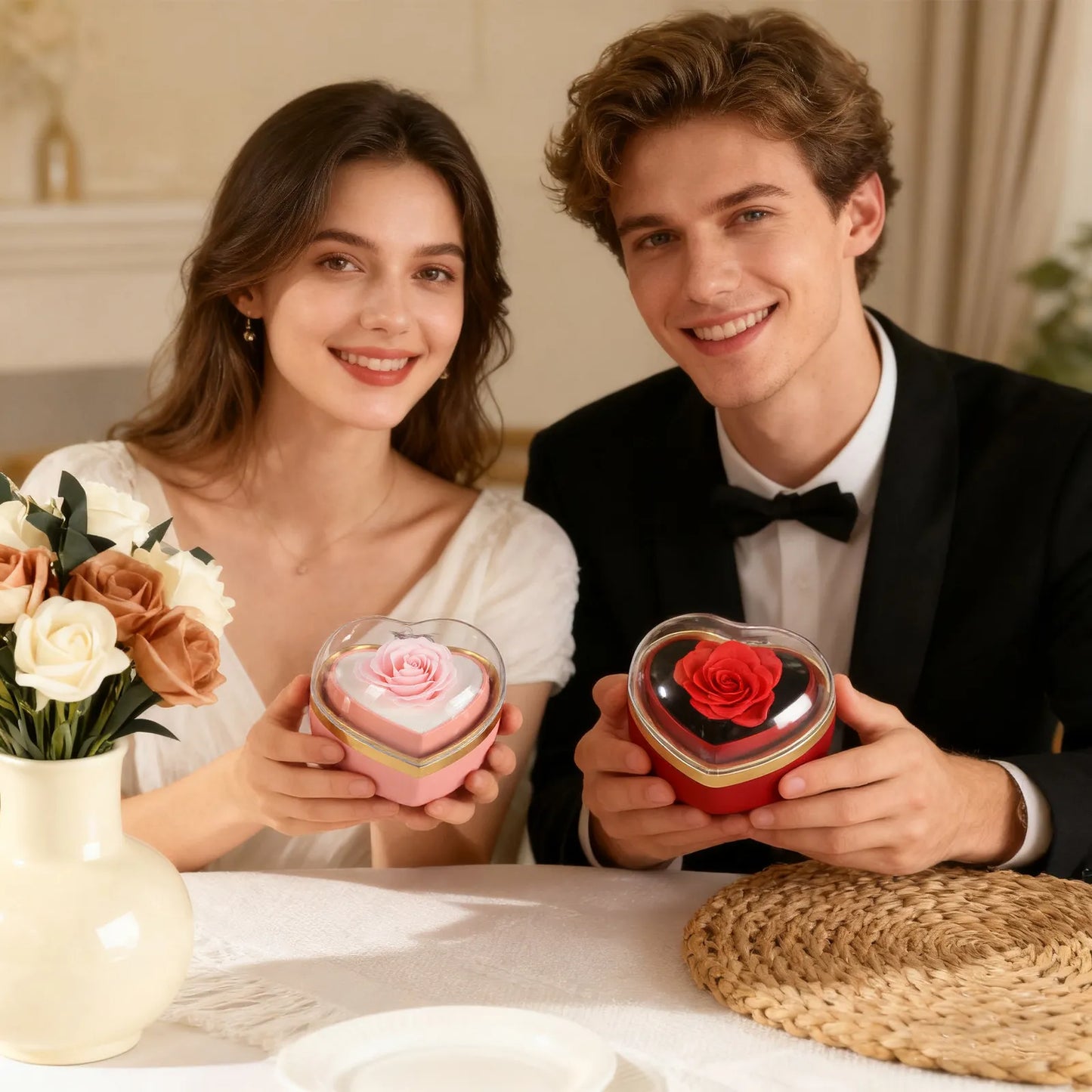 Heart-Shaped Rose Flip Rotating Ring Jewelry Box