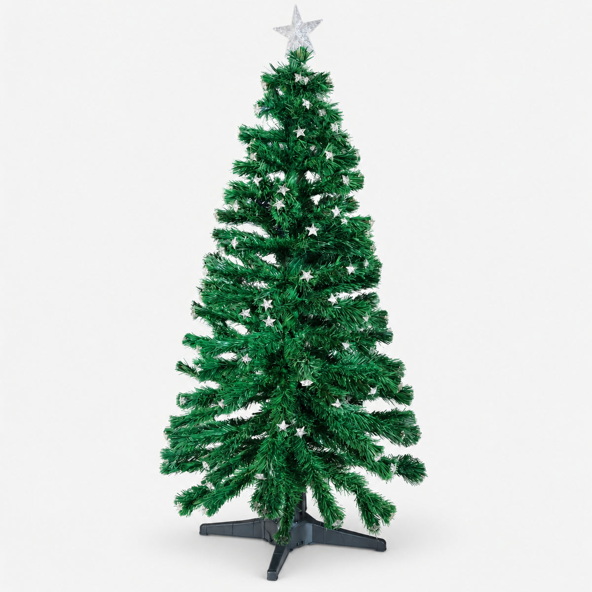Green Christmas tree with star lights, a star topper and a black stand