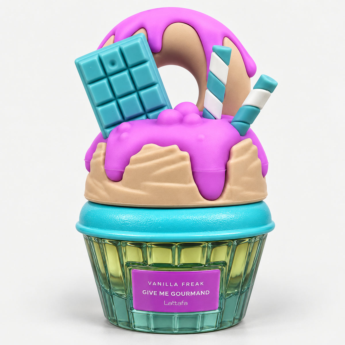 Vanilla Freak cupcake perfume bottle with a blue chocolate bar and pink drip