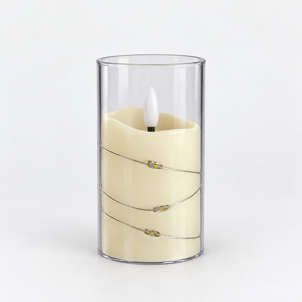 White 10cm LED candle in a clear cup with fairy lights, switched off