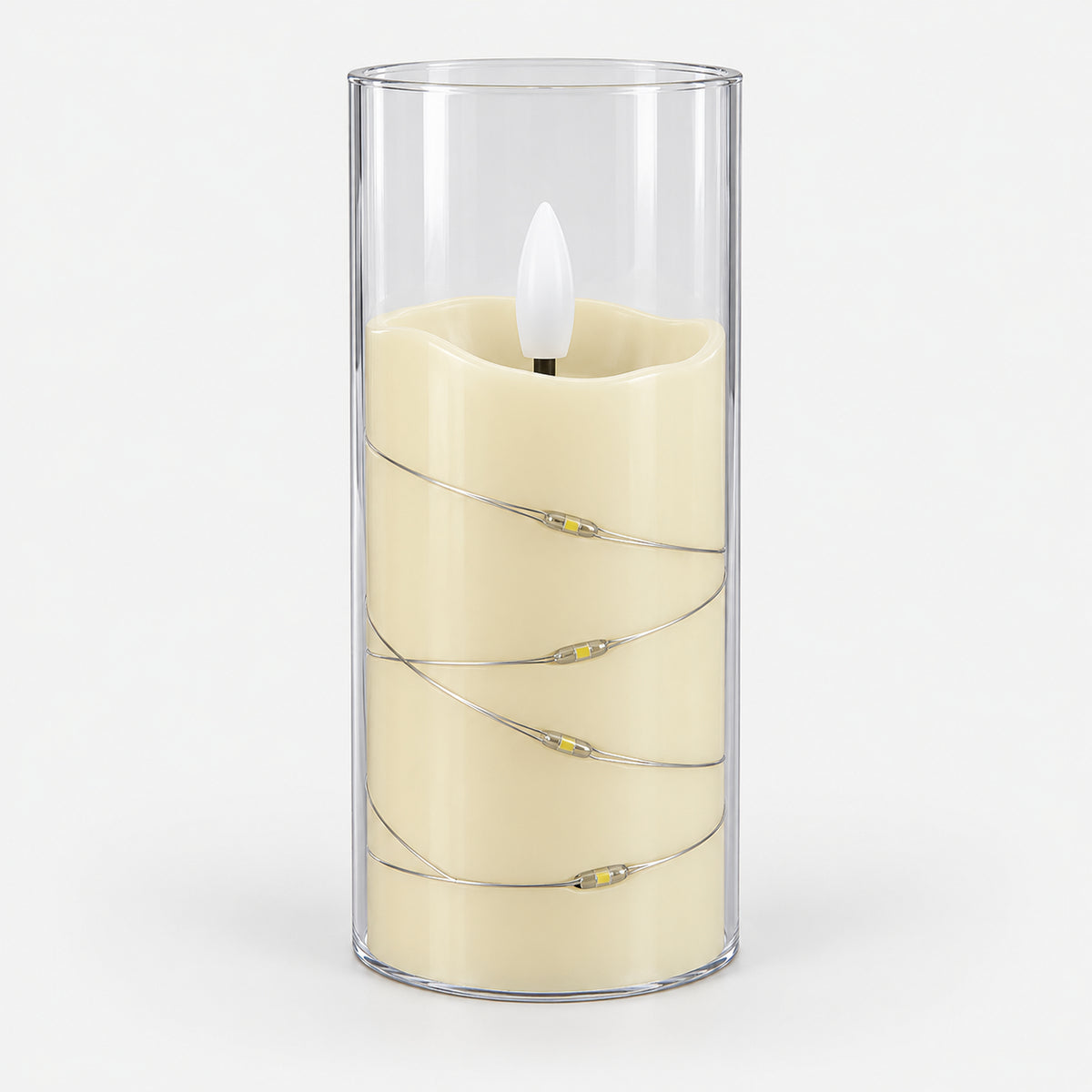 White 12.5cm LED candle in a clear cup with fairy lights, switched off