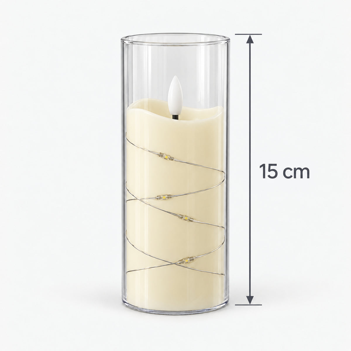 White LED candle cup with fairy lights measuring 15cm tall
