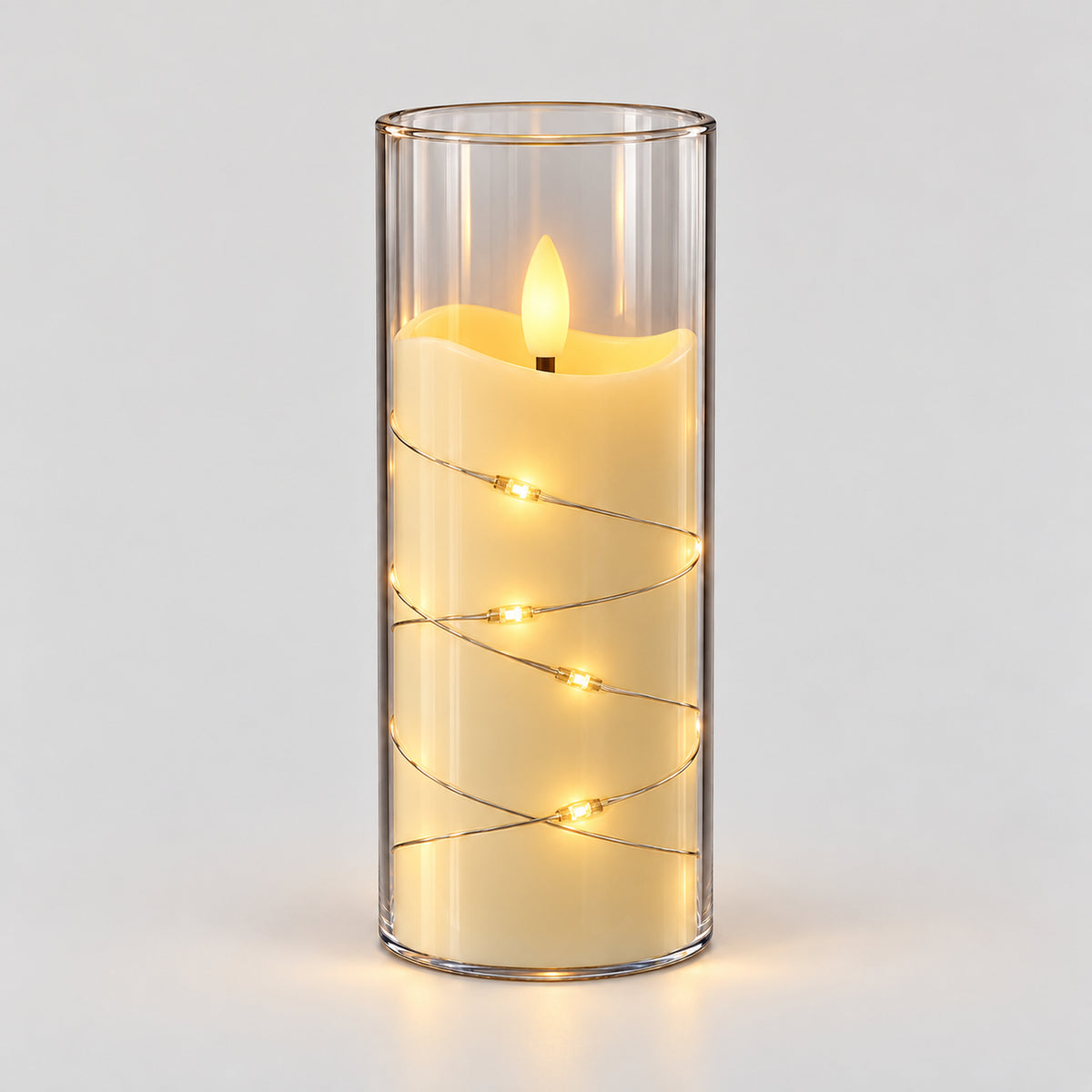 White 15cm LED candle cup glowing with warm fairy lights