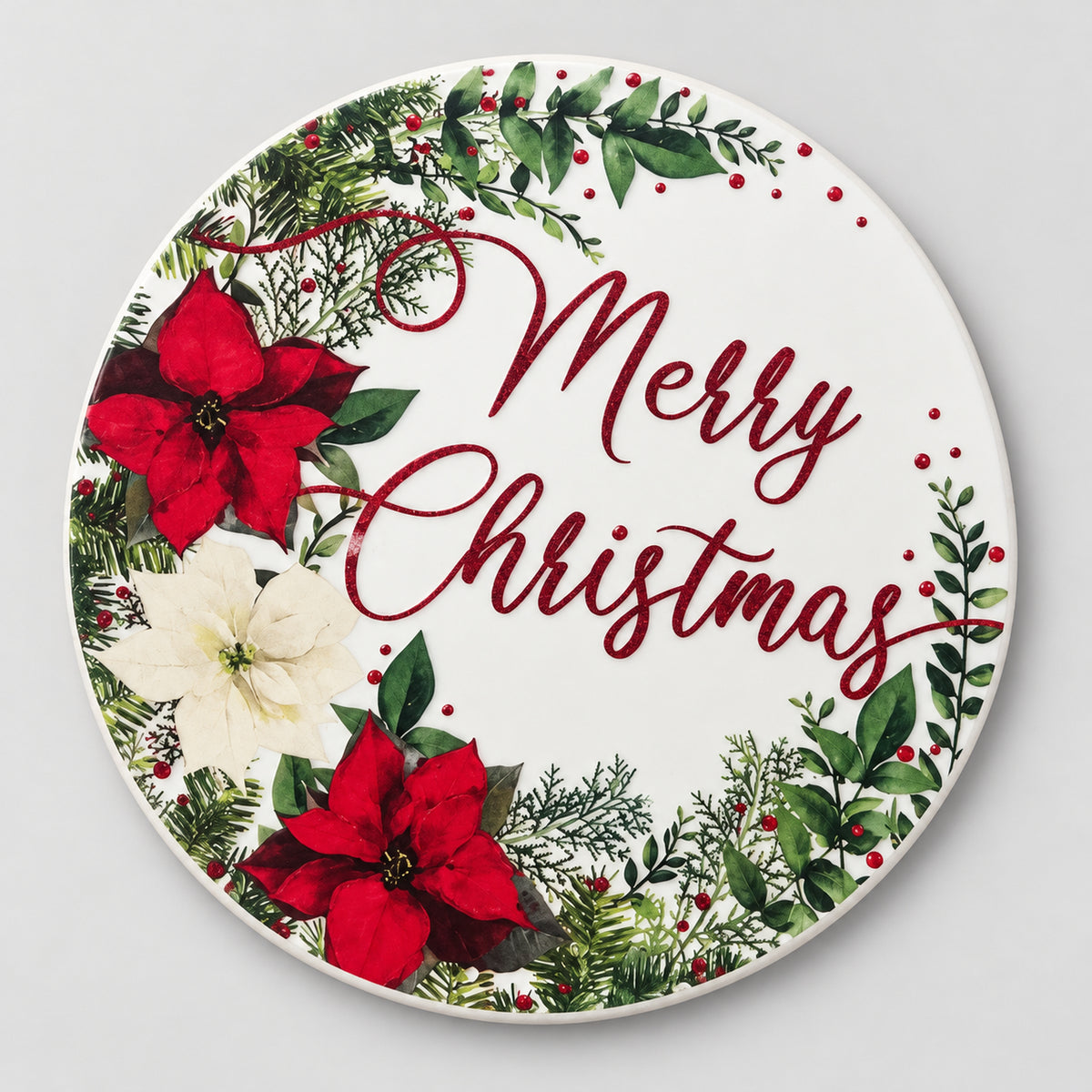 White round Christmas coaster with poinsettias and red Merry Christmas script