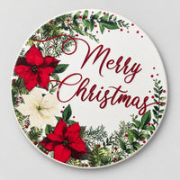 White round Christmas coaster with poinsettias and red Merry Christmas script
