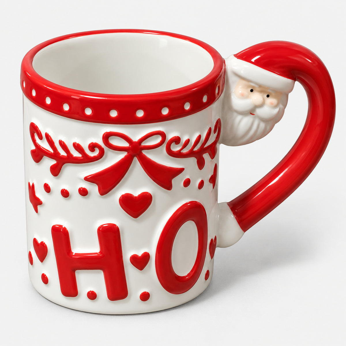 White HO Christmas mug with red details and a Santa on the handle