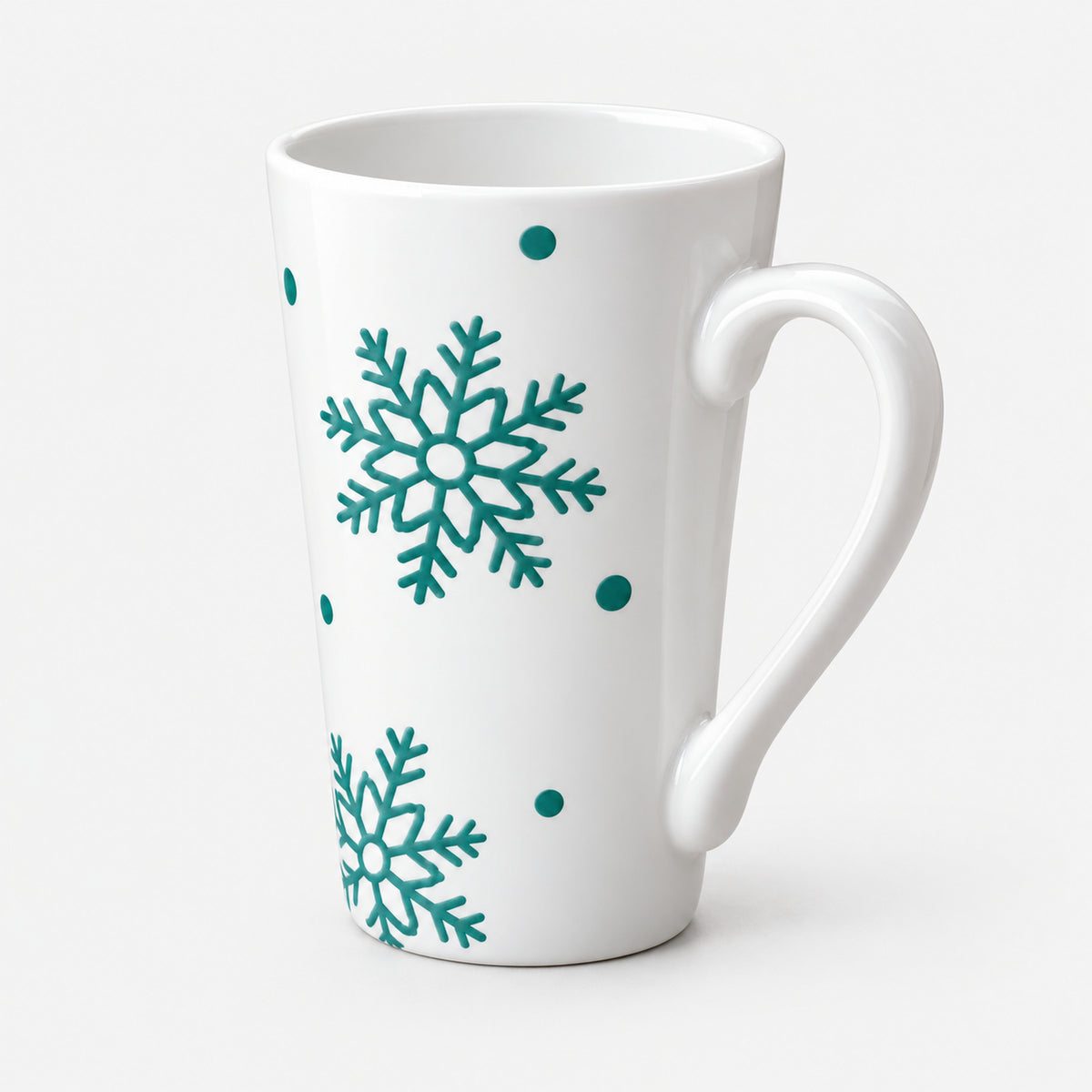 White Christmas mug with teal snowflakes and dots