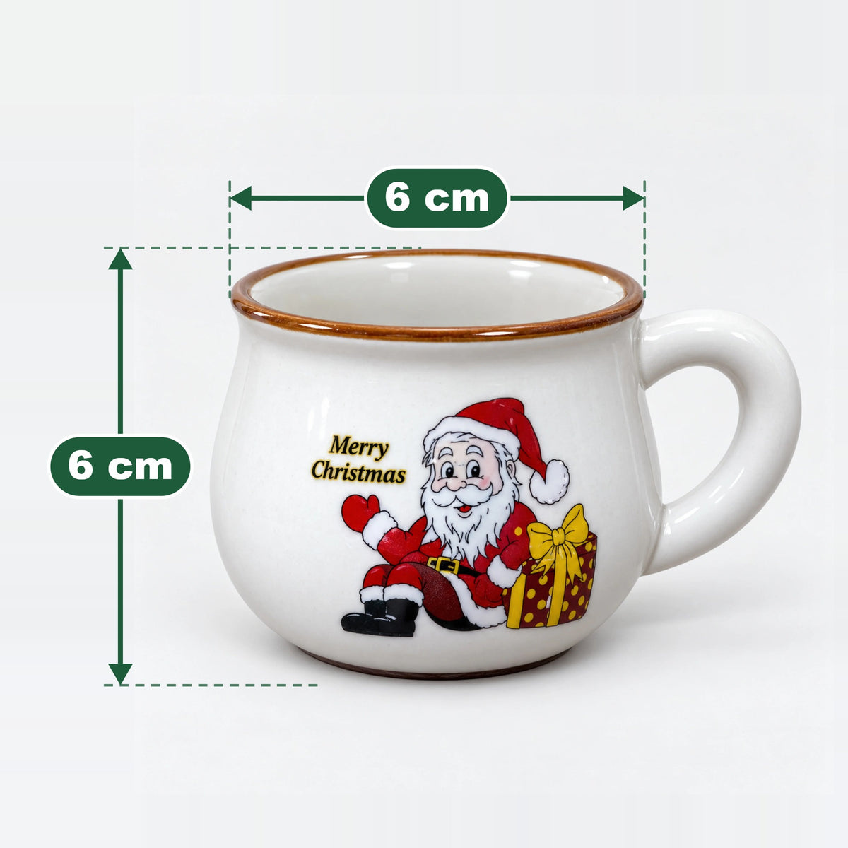 Large Santa with burgundy gift rounded mug measuring 6 cm high and 6 cm wide at the top
