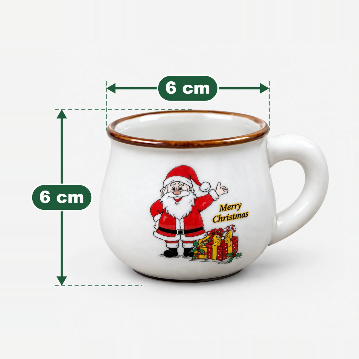 Large Santa with gift pile rounded mug measuring 6 cm high and 6 cm wide at the top
