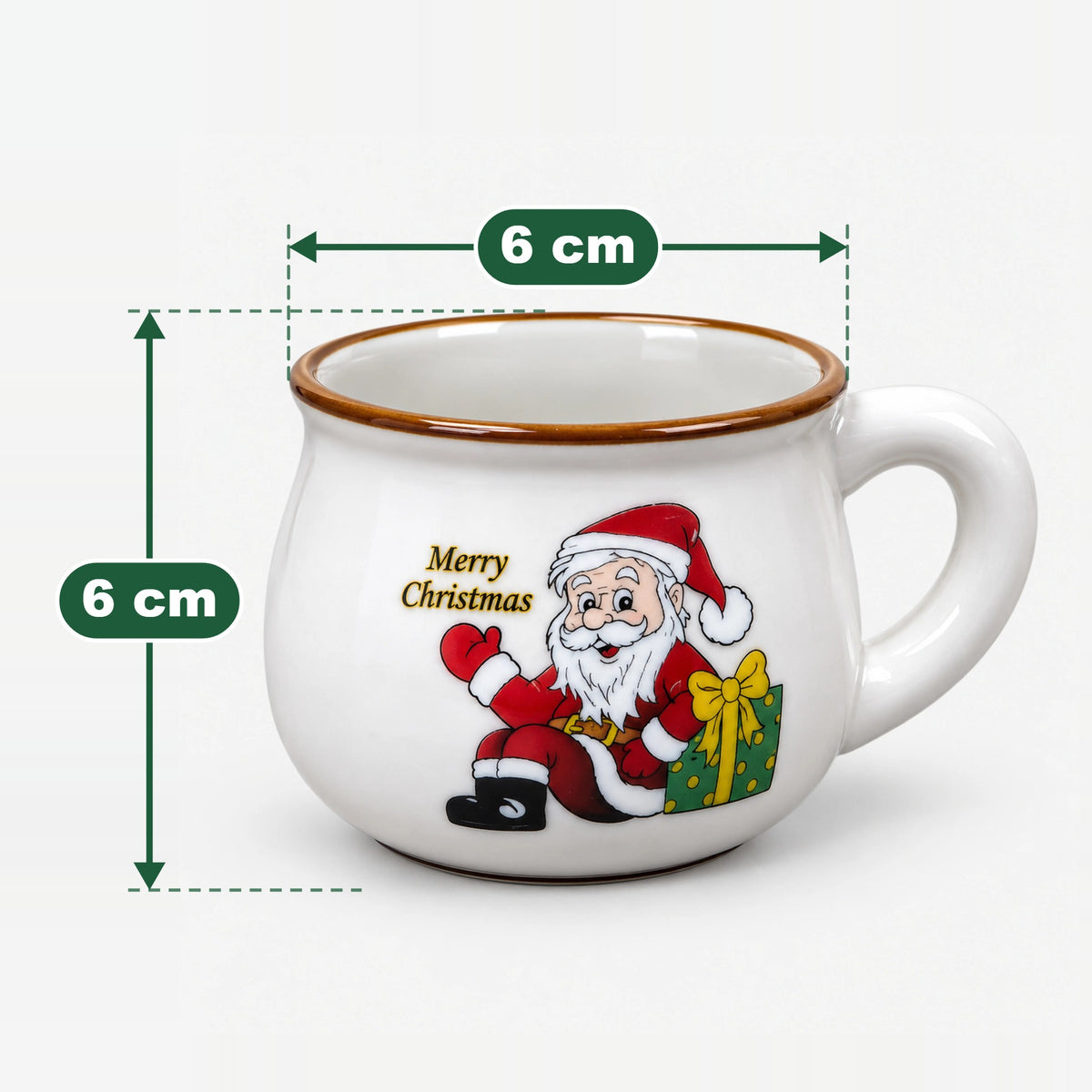 Large Santa with green gift rounded mug measuring 6 cm high and 6 cm wide at the top