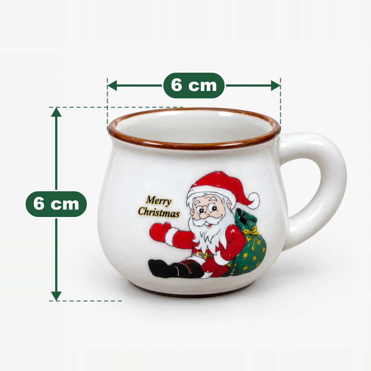 Large Santa with green sack rounded mug measuring 6 cm high and 6 cm wide at the top