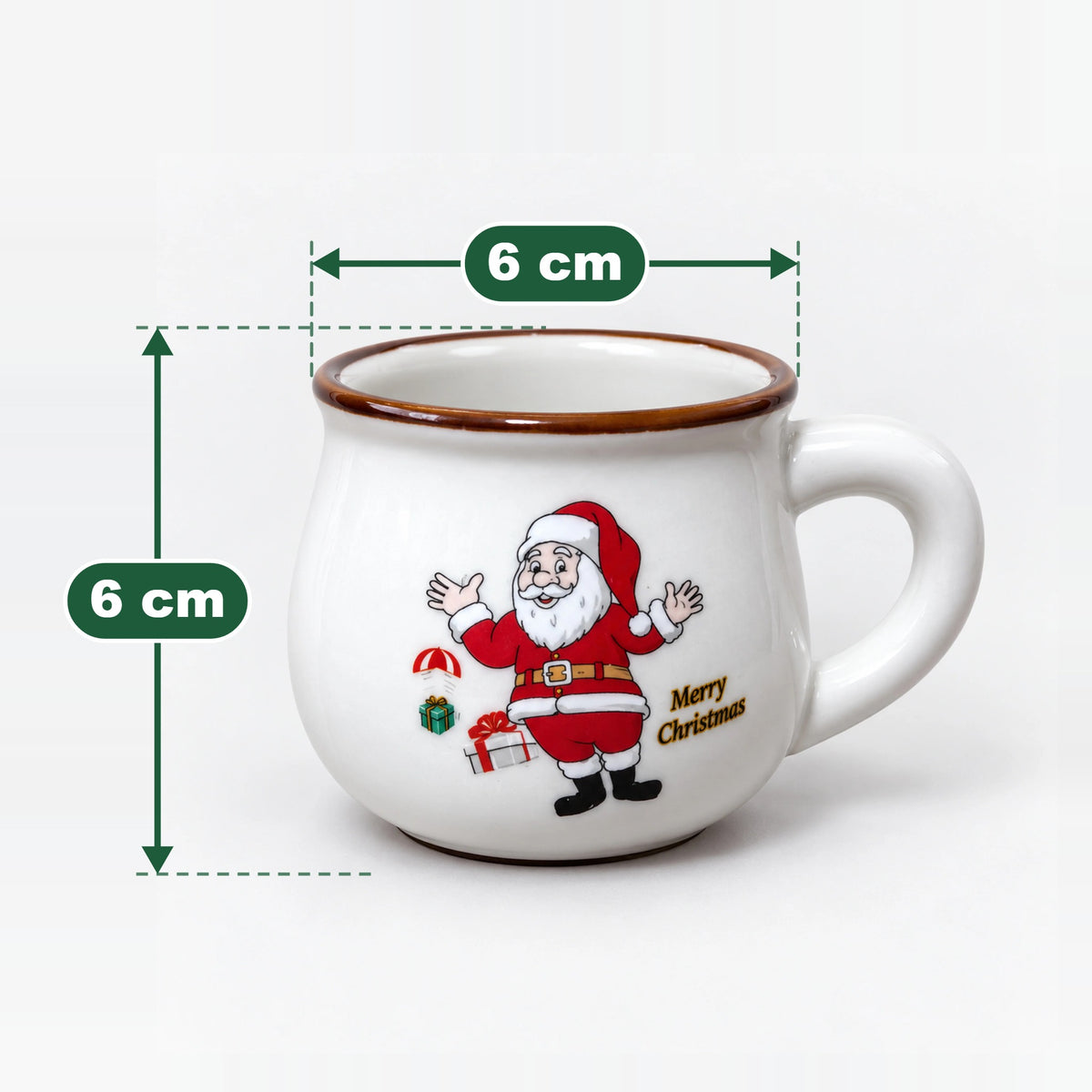 Large Santa arms up rounded mug measuring 6 cm high and 6 cm wide at the top