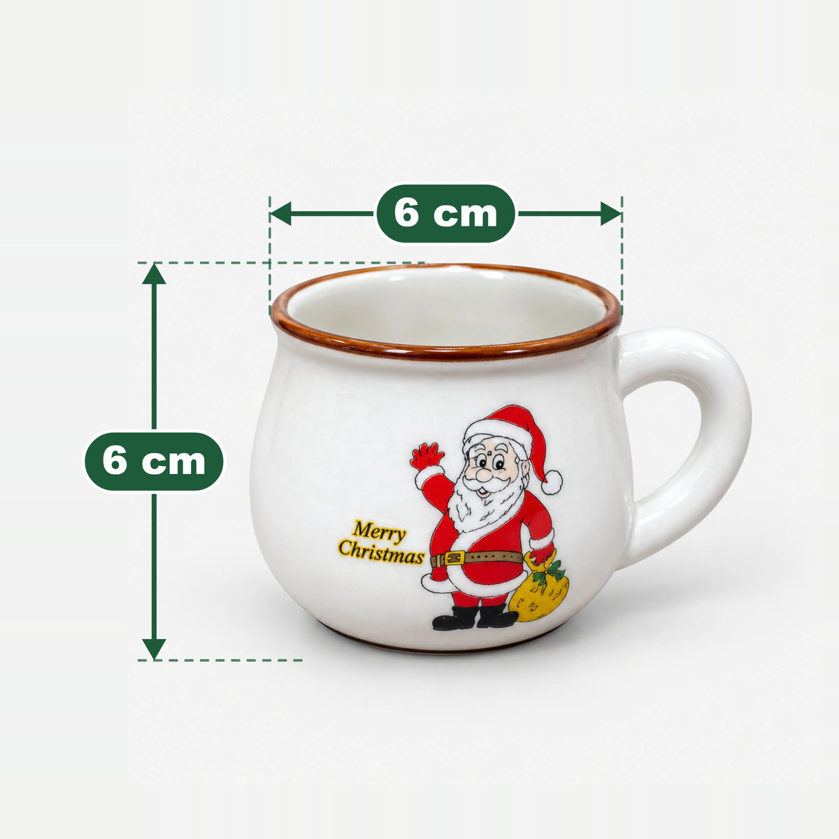 Large Santa with yellow sack rounded mug measuring 6 cm high and 6 cm wide at the top