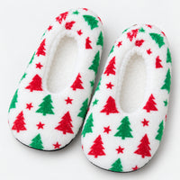 White Christmas slippers with a red and green tree print