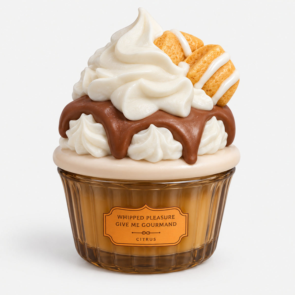 Whipped cream cupcake perfume with chocolate drip and orange wafers