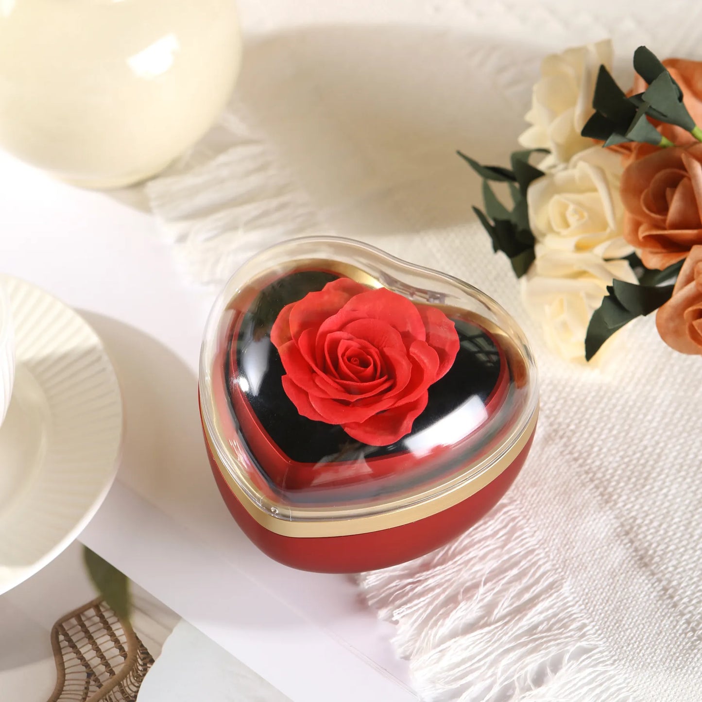 Heart-Shaped Rose Flip Rotating Ring Jewelry Box